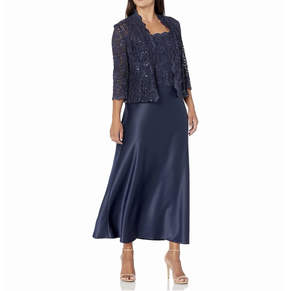 ALEX EVENINGS Sequin Lace 2-Piece Jacket Dress Navy Gown Mother of Bride 14 16